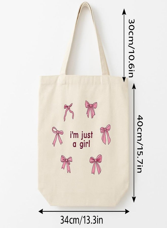 FUNKYFINDS “I’m Just a Girl” Cute Pink Bow Embroidery Tote Bag for Women - Aesthetic Canvas Shoulder Bag for Daily Use, Shopping, College & Travel, Office & Casual Outings - Image 3
